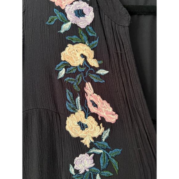 FREE PEOPLE Mia embroidered balloon sleeve plunge neck flowy mini dress M Black - Picture 5 of 8